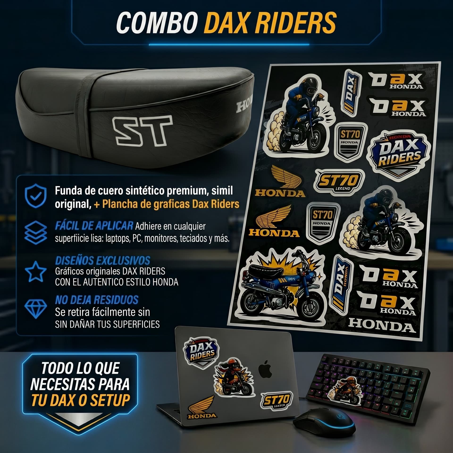 Combo Dax Riders - Funda de asiento para Honda DAX ST70 + Plancha Graficas DAX — foto 1 de 8