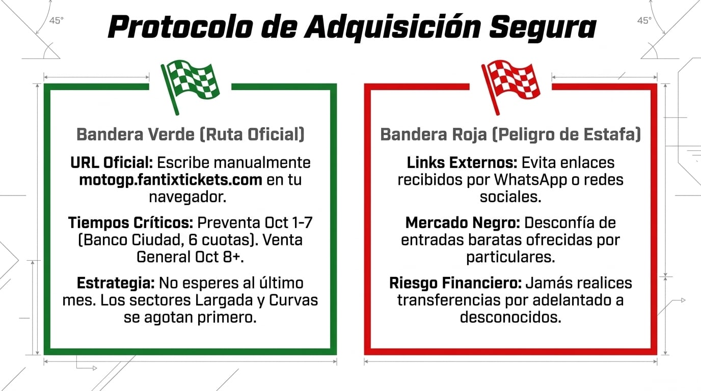 Cómo comprar entradas del MotoGP sin estafas: sitio oficial motogp.fantixtickets.com, preventa del 1 al 7 de octubre y venta general desde el 8; evitar links y reventas de particulares